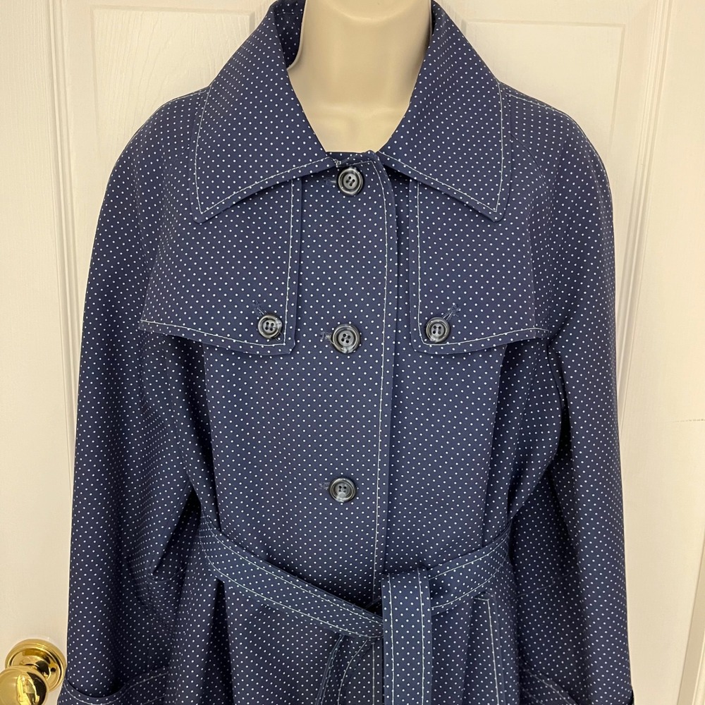 Vintage La Sport Navy Blue Polka Dot Trench Coat Belted Longline Jacket Size 14 - Picture 2 of 16